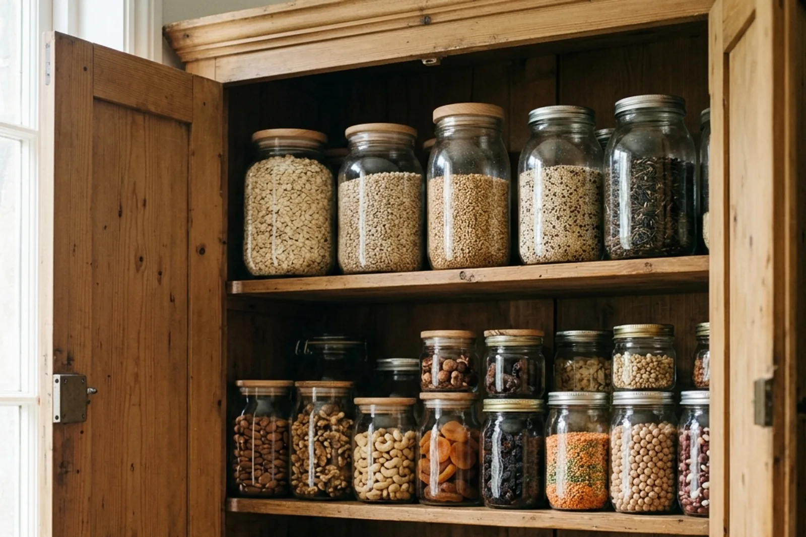 An open wooden cupboard with glass jars of oats, grains, nuts and dried fruit on plain shelves.
